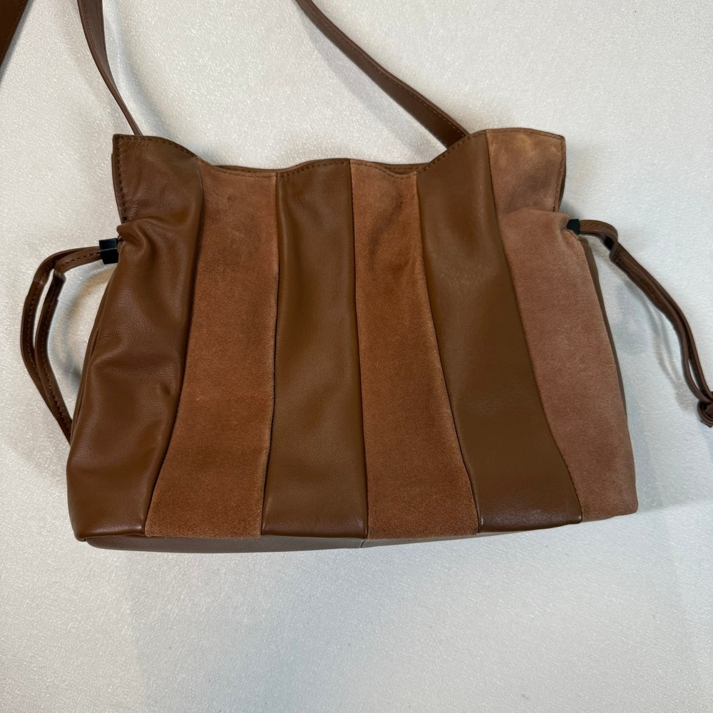 Vince Camuto Brown Leather Suede Patchwork Drawstring Shoulder Bag Purse